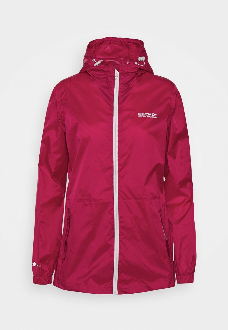 Veste légère fuchsia avec capuche, fermeture éclair intégrale à l'avant et poignets élastiques. Présente le logo de la marque sur la poitrine et un cordon de serrage ajustable à l'ourlet.