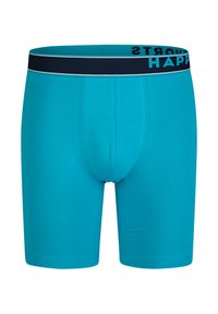 Turquoise boxershorts met een fitted ontwerp, gemaakt van zachte stof. Beschikt over een donkerblauwe contrasterende tailleband met witte tekst.