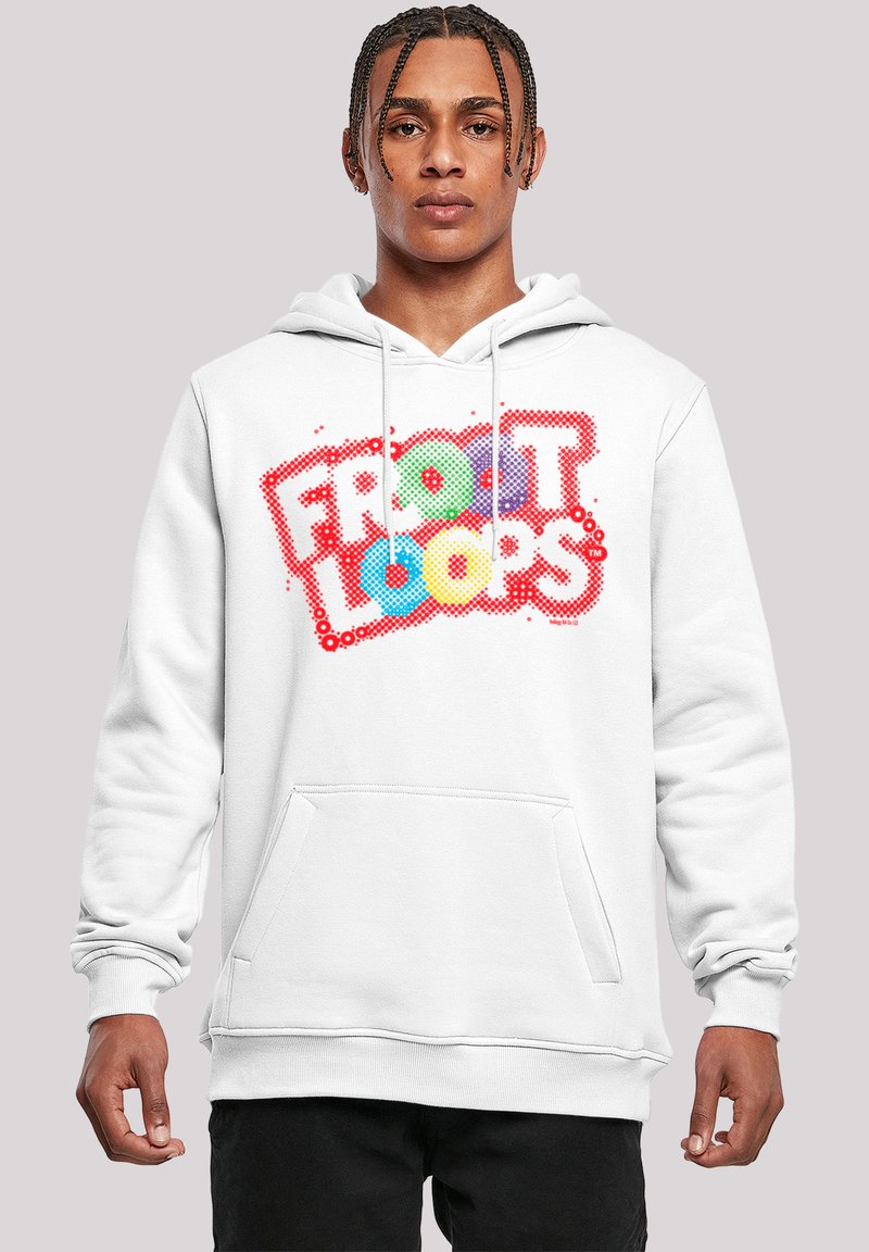 Kapuzensweatshirt aus weißem Baumwollgemisch mit einer vorderen Kängurutasche. Auffälliges, buntes "Froot Loops"-Grafikdesign auf der Brust.