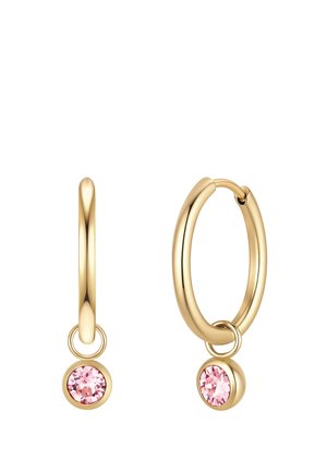 Pair of gold hoop earrings each with a small pink gemstone charm hanging from the bottom.