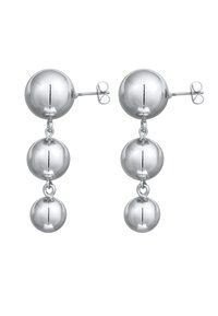 Boucles d'oreilles en argent présentant trois perles sphériques, de taille décroissante, reliées par de petits liens. Finition polie avec une texture réfléchissante.