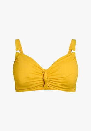 Žltý bikinový top s uzlovým detailom v strede. Vyrobený z elastického materiálu, má široké nastaviteľné ramienka a hladký povrch.