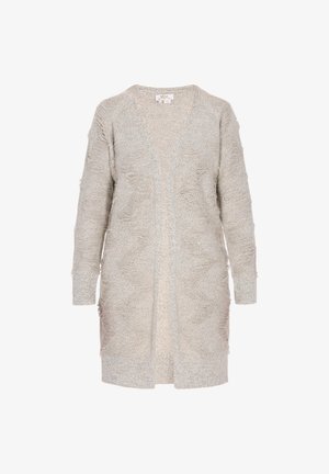 Lange, lichtgrijze cardigan van textuurstof. Open voorkant met lange mouwen en twee zijzakken, met een gezellige, zachte uitstraling.