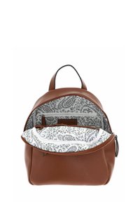 Sac à dos en cuir marron avec un extérieur lisse, une forme arrondie et un intérieur blanc à motifs floraux. Comprend une fermeture éclair et des poches intérieures.