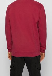 Felpa maroon con maniche lunghe, polsini a costine e collo a giro. Tessuto liscio, design semplice, senza loghi o fantasie visibili.