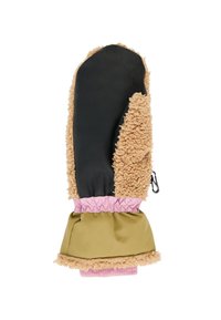 Mitón de invierno con palma negra, parte posterior y puño de forro polar beige, muñequera elástica rosa y puño exterior verde oliva con clip de sujeción.
