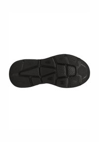 Schwarze Sportschuhsohle mit strukturiertem Gummi. Verfügt über geometrische Muster und Profilelemente für besseren Halt. Abgerundete Ferse und flexibles Design.