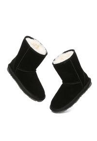 Black suede ankle boots with a soft white fur lining, rounded tops, and rubber soles. Features double stitching and a smooth texture.