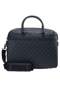 Sac à ordinateur portable en cuir bleu marine avec surface texturée, double anses, bandoulière amovible et logo embossé à l'avant. Plusieurs compartiments à zip.