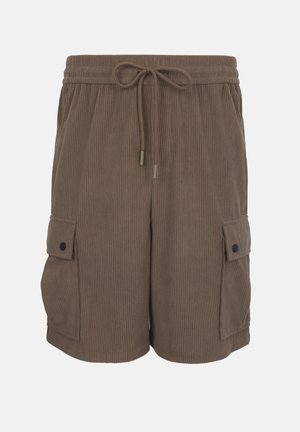 Braune, gerippte Stoff-Cargo-Shorts mit elastischem Bund, Tunnelzug und Klappentaschen mit schwarzen Knöpfen auf beiden Seiten.