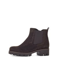 Black suede ankle boots with elastic side panels, a chunky heel, and a pull tab at the back. Textured finish and serrated sole pattern.