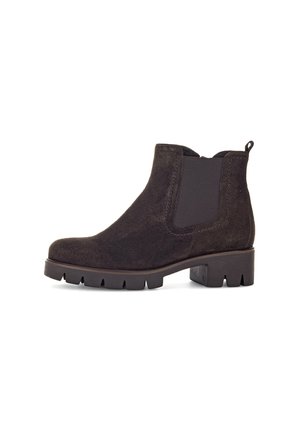 Black suede ankle boots with elastic side panels, a chunky heel, and a pull tab at the back. Textured finish and serrated sole pattern.