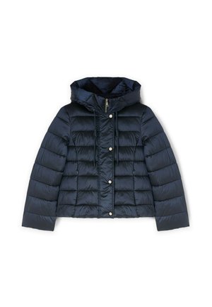 Giacca puffer blu navy con cappuccio, caratterizzata da un design trapuntato, zip frontale, lacci e chiusure a pressione. Texture liscia e lucida.