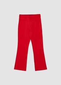 Red flared trousers made of smooth fabric, featuring two front pockets and a clean waistband. Flat front and wide leg design.