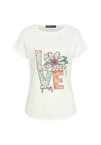 T-shirt en coton blanc à manches courtes et col rond. Présente un imprimé floral multicolore avec les mots "LOVE" et "yourself" dans une police décorative.