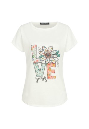 Witte katoenen T-shirt met korte mouwen en een ronde hals. Kenmerkt een kleurrijke bloemenprint waarin "LOVE" en "jezelf" staat in een decoratieve lettertype.