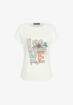 Fehér pamut póló rövid ujjakkal és kerek nyakkivágással. Többszínű virágmintával díszített, amelyen a "LOVE" és a "yourself" szó van dekoratív betűtípussal.