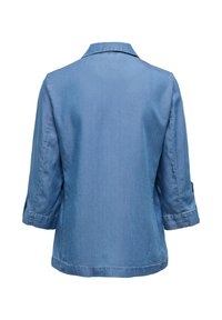 Chemise en denim bleu à manches longues avec poignets repliés vue de dos, avec un col classique et des détails de couture simples.