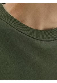 Olijfgroene sweatshirtstof met een geribbelde ronde hals, een gladde textuur, een strakke weving en subtiele stikdetails rond de kraag.