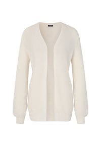 Cardigan aperto di colore crema in maglia con maniche lunghe e polsini a costine, esposto su uno sfondo bianco.