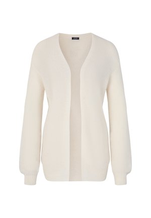 Cardigan en tricot crème à ouverture frontale, avec des manches longues et des poignets côtelés, présenté sur fond blanc.