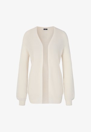 Hellbeige offene Strickjacke mit langen Ärmeln und gerippten Bündchen, auf einem weißen Hintergrund präsentiert.