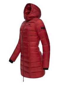 Red puffer coat with a hood, featuring horizontal quilted design, front zipper, and black ribbed cuffs. Logo detail on the sleeve.