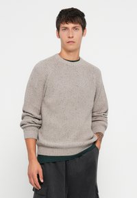 Maglione grigio chiaro lavorato a maglia con texture a costine, scollo rotondo e maniche lunghe. Indossato sopra una camicia verde scuro, abbinato a pantaloni scuri.