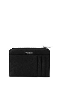 Black leather wallet with textured surface, zippered compartment, and four card slots. Features silver VUCH logo on the front.