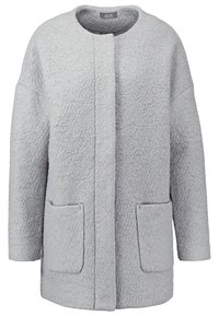 Manteau en laine gris clair texturé avec encolure ronde, fermeture avant cachée, manches longues et deux poches plaquées à l'avant.