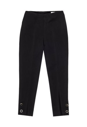 Pantaloni neri con una vestibilità su misura, realizzati in un tessuto liscio, alla caviglia, con decorazioni in metallo color oro sui polsini.