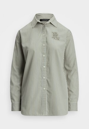 Ριγέ πουκάμισο με κουμπιά σε απαλό πράσινο και λευκό, με γιακά, μακριά μανίκια και κεντημένο λογότυπο στο στήθος. Λείο βαμβακερό ύφασμα.