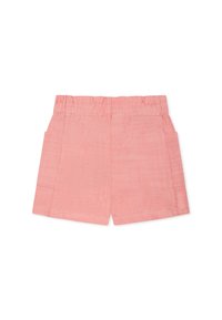 Pantaloni shorts rosa realizzati in tessuto leggero, con vita elasticizzata, due tasche laterali e un design semplice e dritto.