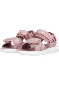 Rosa Stoffsandalen mit offener Zehenpartie, verstellbaren Riemen und einer weißen strukturierten Sohle für besseren Halt. ZigZag-Logo auf dem Riemen.