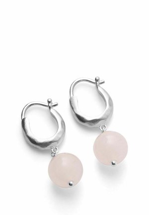 Silver hoop earrings with hammered texture, each featuring a smooth round pale pink stone dangling below the hoop.