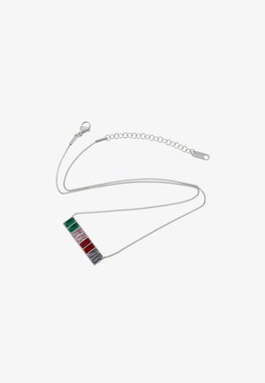 Collana d'argento con un pendente orizzontale che presenta sette pietre rettangolari di colore verde, rosa, rosso e viola, incastonate in una semplice cornice metallica.