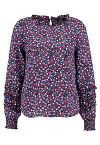 Blouse à manches longues avec motif floral rose, bleu et blanc sur fond sombre, col à volants et poignets froncés.