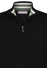 Sort zip-up striktrøje med ribbet krave, der har grønne og hvide striber. Sølv lynlås, struktureret stof, afslappet design.