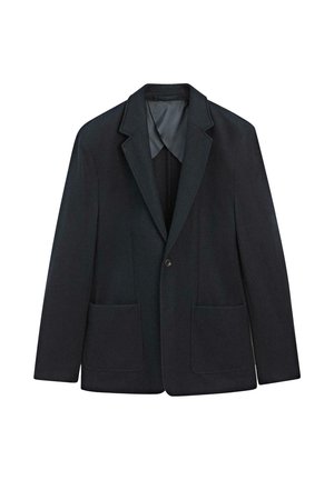 Blazer blu scuro realizzato in tessuto testurizzato, con rever a punta, chiusura con un solo bottone e due tasche frontali.