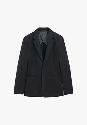 Dark navy blazer made of textured fabric, featuring a notched lapel, single button closure, and two front pockets.