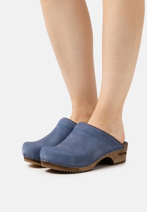 Blue suede clogs with a rounded toe design, open back, and textured wooden sole. Features contrasting stitching along the upper edge.