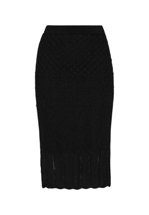 Knit juodas pieštuko sijonas su tekstūruotais deimanto ir vertikaliais raštais. Turi suglebusį juosmenį ir apatinę kraštą, suteikiančius prigludusį siluetą.