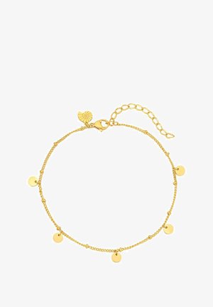 Goldfarbener Armreif mit einer zarten Kette aus kleinen, runden Scheiben und einem Karabinerverschluss. Auffälliges Detail ist ein herzförmiger Anhänger.