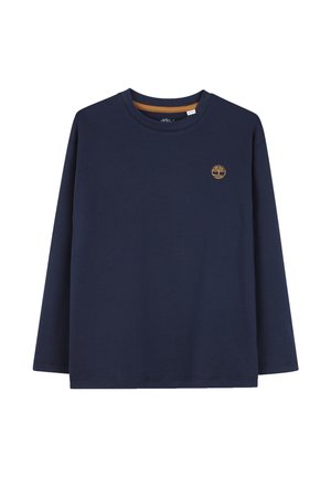 Chemise bleu marine à manches longues avec col rond et petit logo arbre doré sur la poitrine gauche.