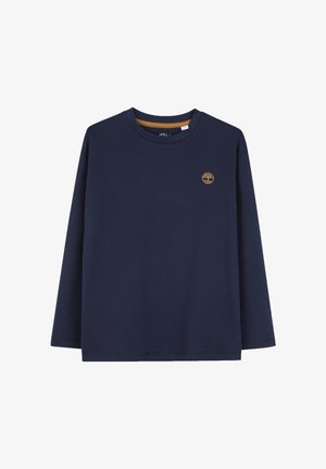 Marineblauw shirt met lange mouwen, ronde halslijn en klein goudkleurig boomlogo op de linkerborst.