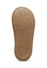 Suola in gomma marrone con una superficie testurizzata, caratterizzata da un motivo a logo ripetuto e un design circolare di presa lungo i bordi.