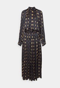 Pitkähihaisen tummasta kankaasta valmistettu mekko, jossa on kultaisia ja vaaleita ympyräkuvioita. Mekossa on korkea kaulus ja kerrottu vyötärö.