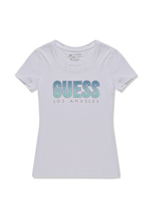 Witte fitted t-shirt met korte mouwen en een ronde halslijn. Beschikt over "GUESS LOS ANGELES" in een verloop van blauw met strass accenten op de voorkant.