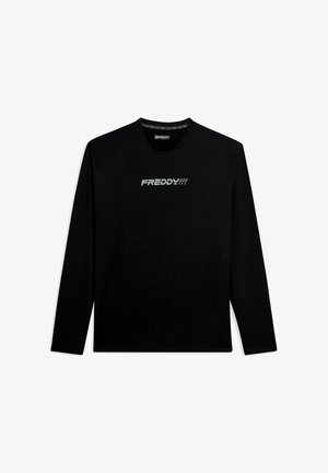 Camiseta negra de manga larga hecha de una tela suave, con un cuello redondo y un logo plateado en el pecho. Textura suave y corte ajustado.