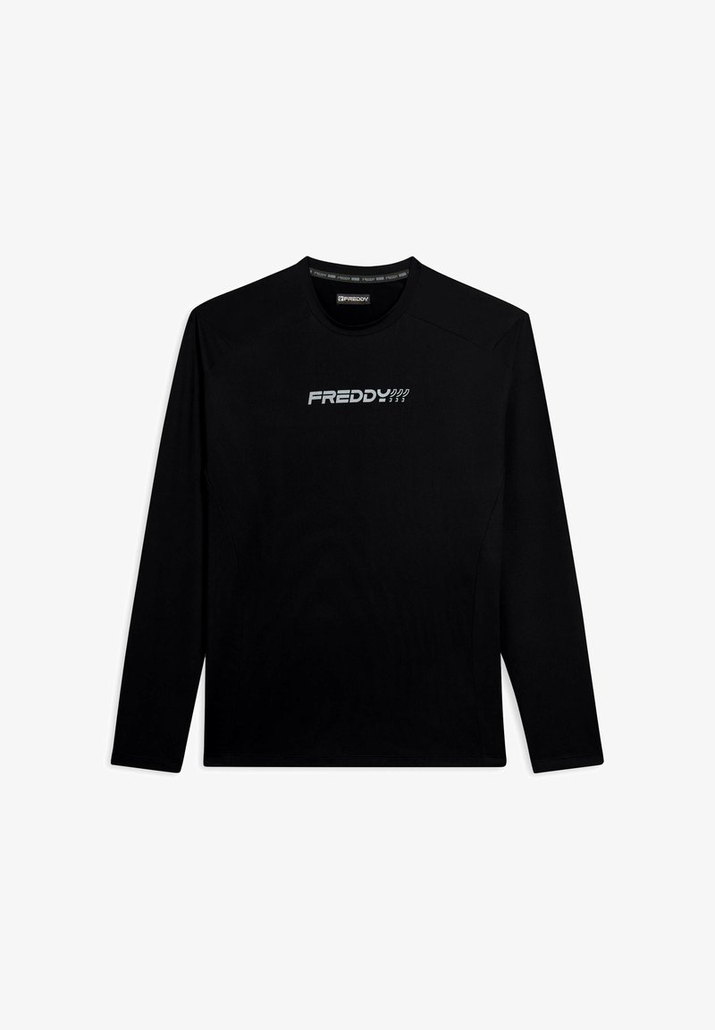 T-shirt noir à manches longues en tissu doux, avec un col rond et un logo argenté sur la poitrine. Texture lisse avec une coupe slim.